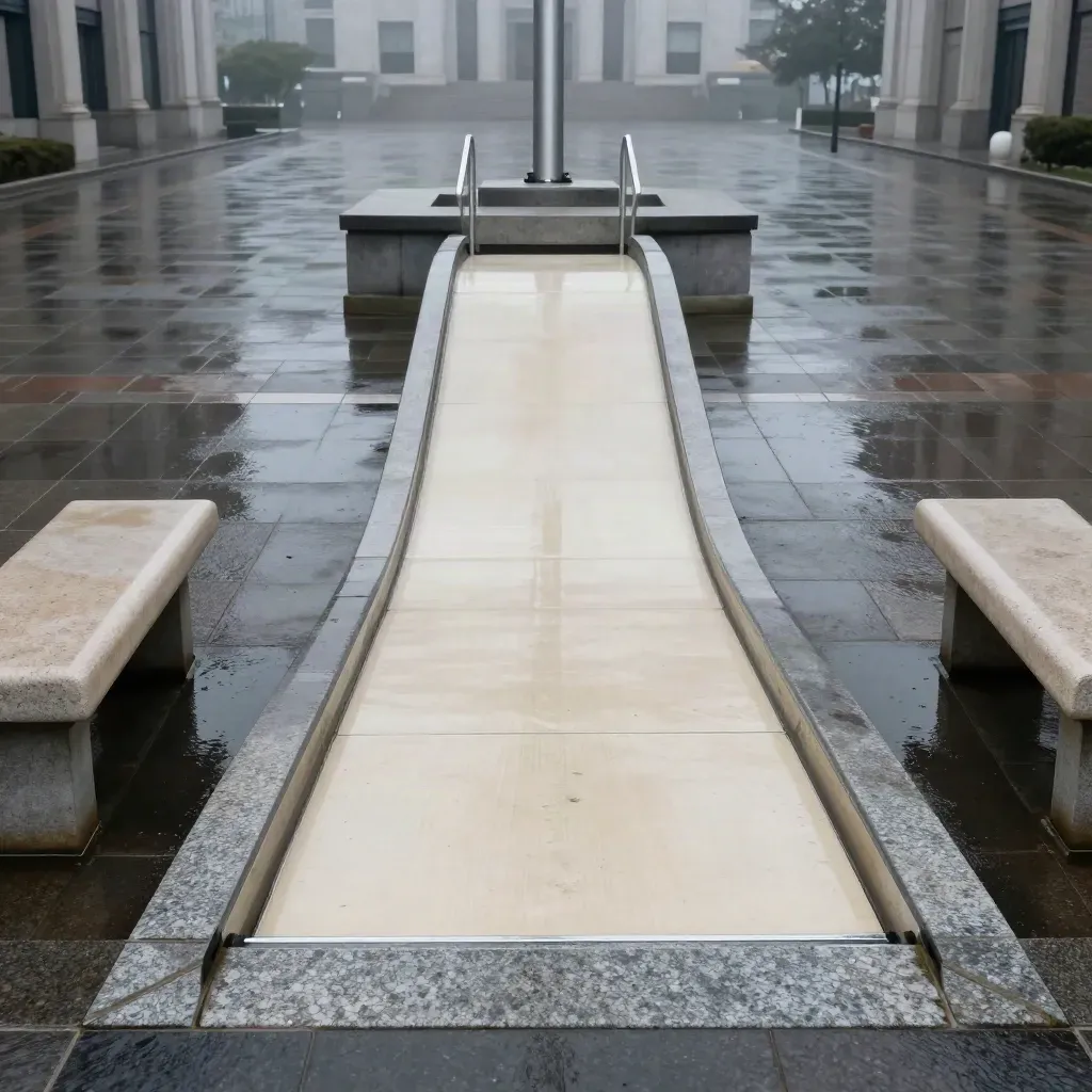Rampa per disabili davanti al tribunale, piazza bagnata dalla pioggia e panchine di pietra.
