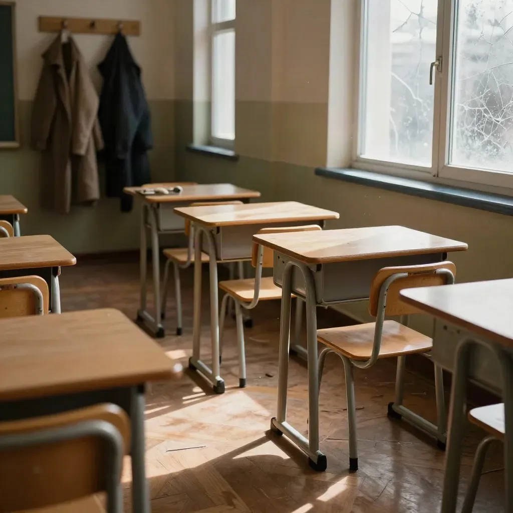 Aula vuota con banchi piccoli, luce del mattino e cappotti appesi vicino alla porta.