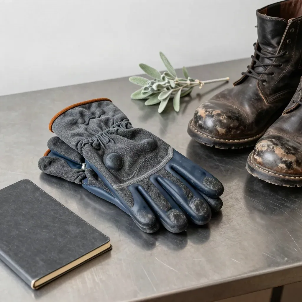 Guanti da lavoro, scarpa antinfortunistica, taccuino chiuso e piantina su scrivania metallica.